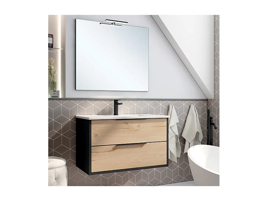 Meuble de salle de bain 80cm simple vasque - 2 tiroirs - ALBA - noir/roble