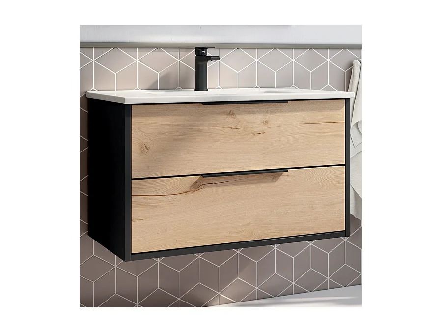 Meuble de salle de bain 80cm simple vasque - 2 tiroirs - ALBA - noir/roble