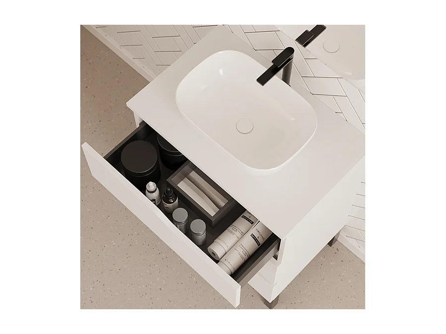 Meuble de salle de bain 80cm avec plateau et vasque à poser zeus - 3 tiroirs - sans miroir - blanc - MATA