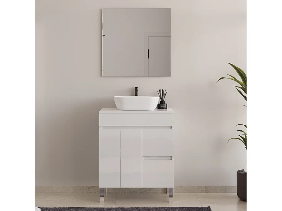 Meuble de salle de bain 80cm sur pieds avec plateau et une cuve à poser arrondie - portes et tiroirs - blanc - HARO