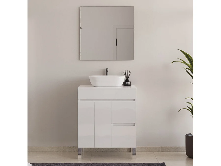 Meuble de salle de bain 80cm sur pieds avec plateau et une cuve à poser arrondie - portes et tiroirs - blanc - HARO