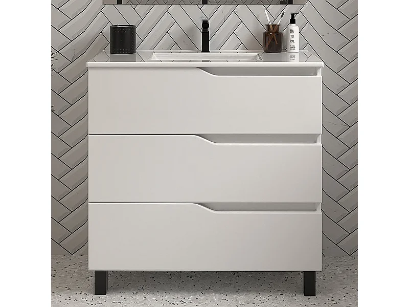 Meuble de salle de bain 60cm simple vasque - sans miroir - 3 tiroirs - blanc - MATA