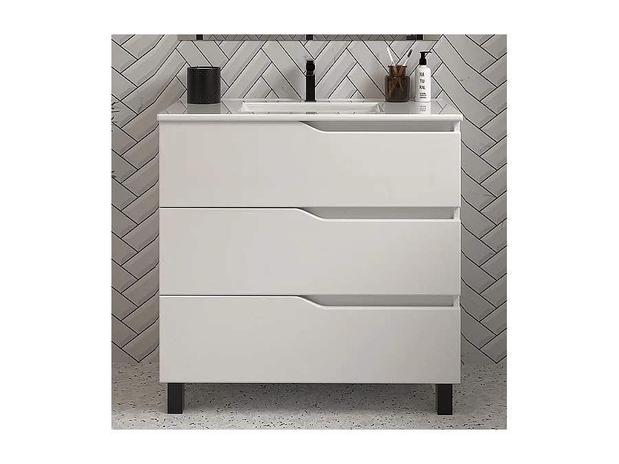 Meuble de salle de bain 60cm simple vasque - sans miroir - 3 tiroirs - blanc - MATA