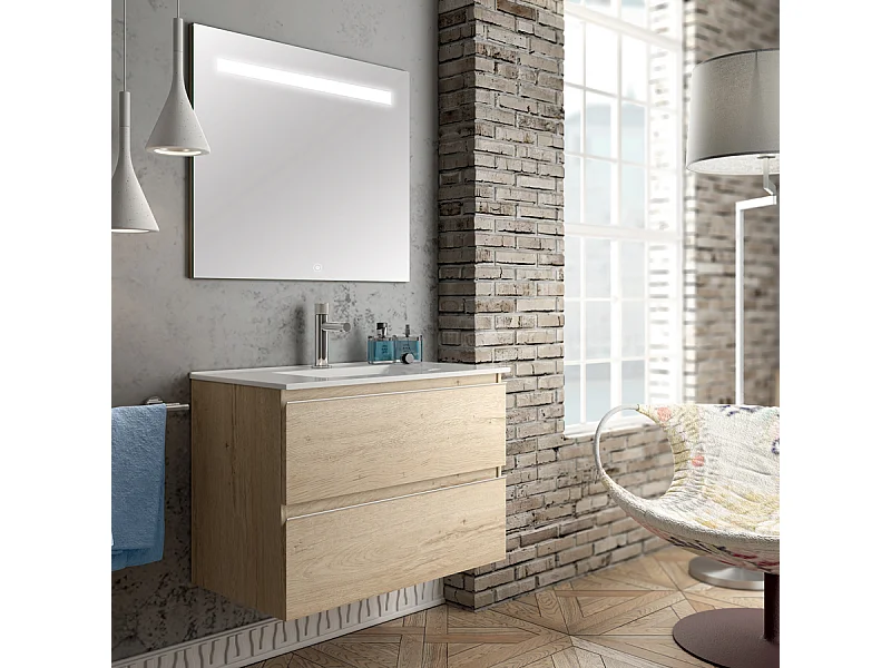 Meuble de salle de bain simple vasque - 2 tiroirs - BALEA et miroir Led STAM - bambou (chêne clair) - 100cm