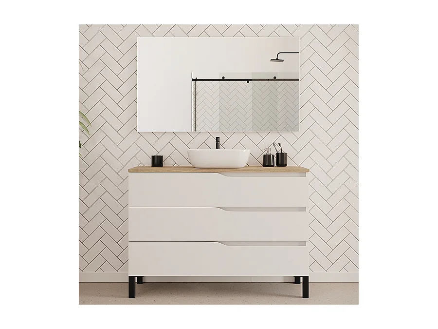Meuble de salle de bain 120cm avec plateau miel et vasque à poser zeus - 3 tiroirs - blanc - MATA