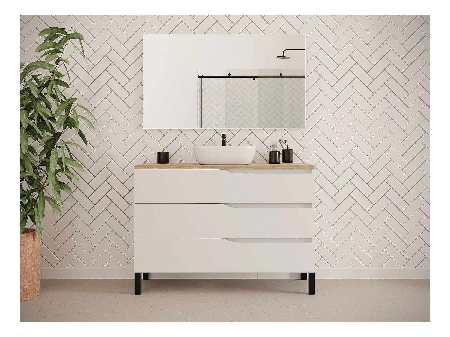 Meuble de salle de bain 120cm avec plateau miel et vasque à poser zeus - 3 tiroirs - blanc - MATA