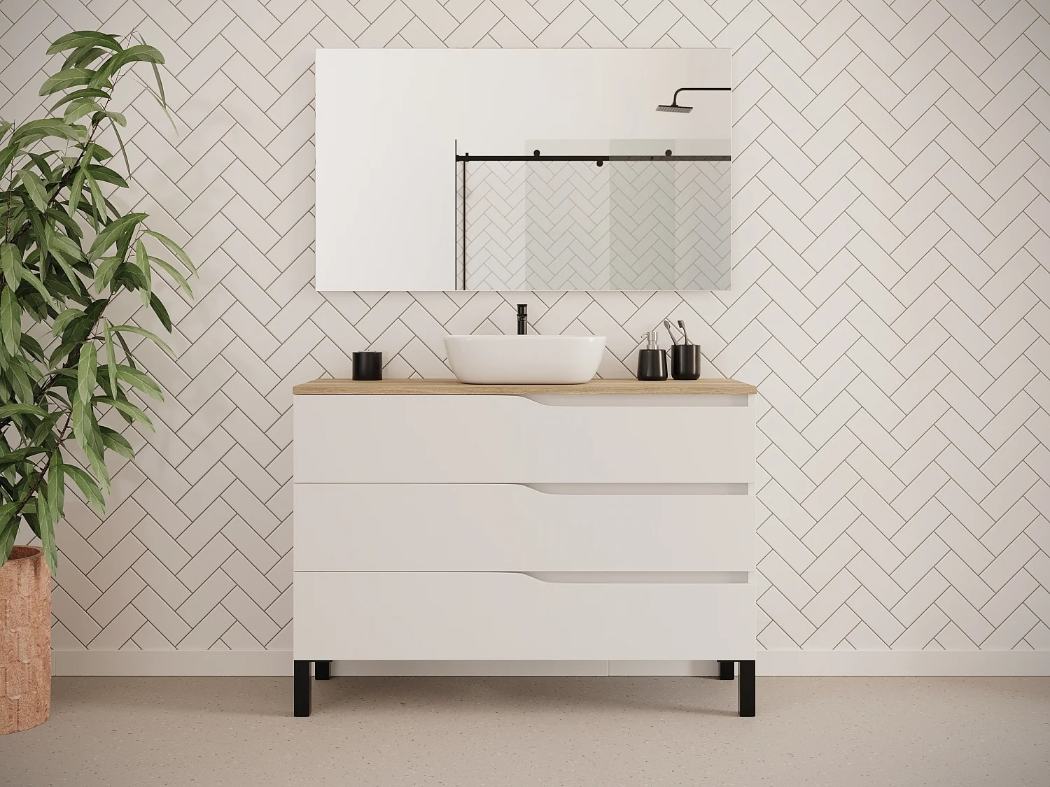 Meuble de salle de bain 120cm avec plateau miel et vasque à poser zeus - 3 tiroirs - blanc - MATA