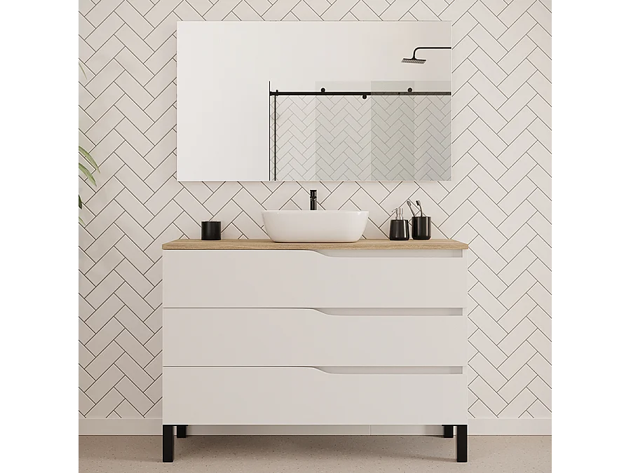 Meuble de salle de bain 120cm avec plateau miel et vasque à poser zeus - 3 tiroirs - blanc - MATA
