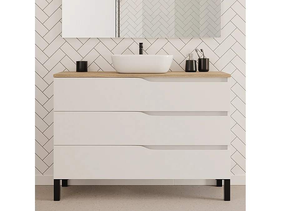 Meuble de salle de bain 120cm avec plateau miel et vasque à poser zeus - 3 tiroirs - blanc - MATA