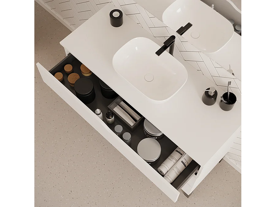 Meuble de salle de bain 120cm avec plateau miel et vasque à poser zeus - 3 tiroirs - blanc - MATA