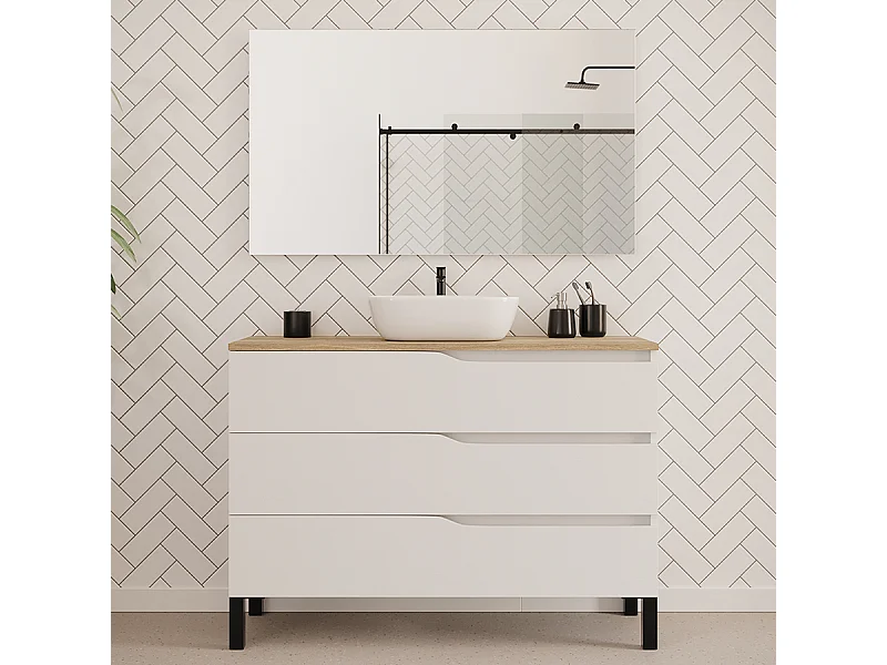 Meuble de salle de bain 120cm avec plateau miel et vasque à poser zeus - 3 tiroirs - blanc - MATA