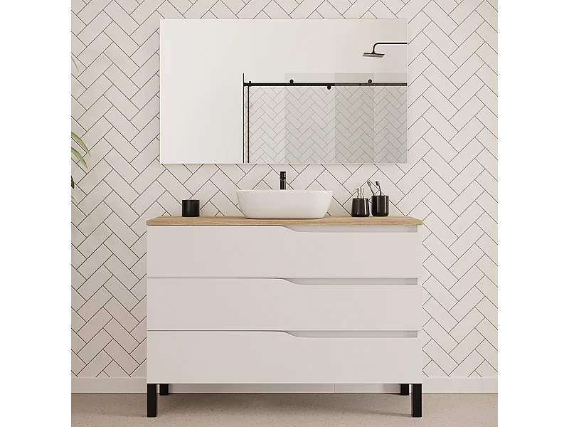 Meuble de salle de bain 120cm avec plateau miel et vasque à poser zeus - 3 tiroirs - blanc - MATA