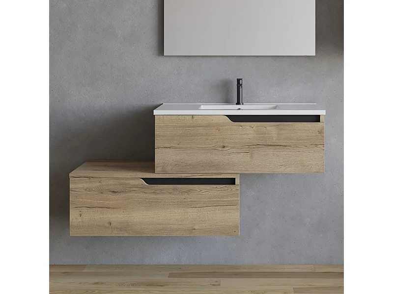 Meuble de salle de bain 120cm avec plan simple vasque - sans miroir - 2 tiroirs - madera miel (chêne clair) - CADIX