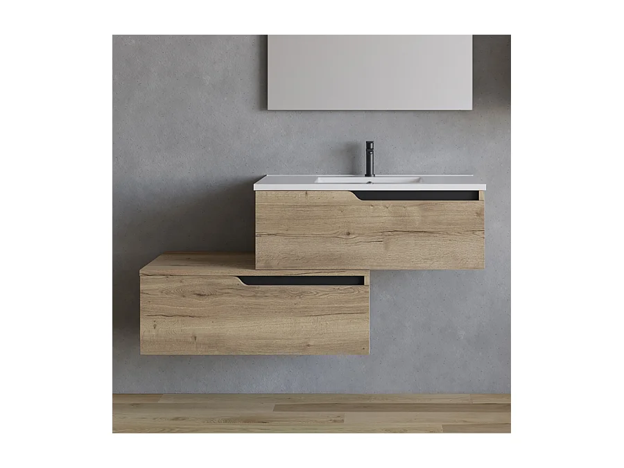 Meuble de salle de bain 120cm avec plan simple vasque - sans miroir - 2 tiroirs - madera miel (chêne clair) - CADIX