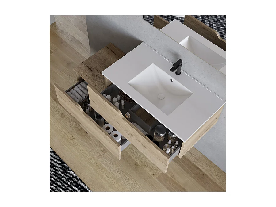 Meuble de salle de bain 120cm avec plan simple vasque - sans miroir - 2 tiroirs - madera miel (chêne clair) - CADIX