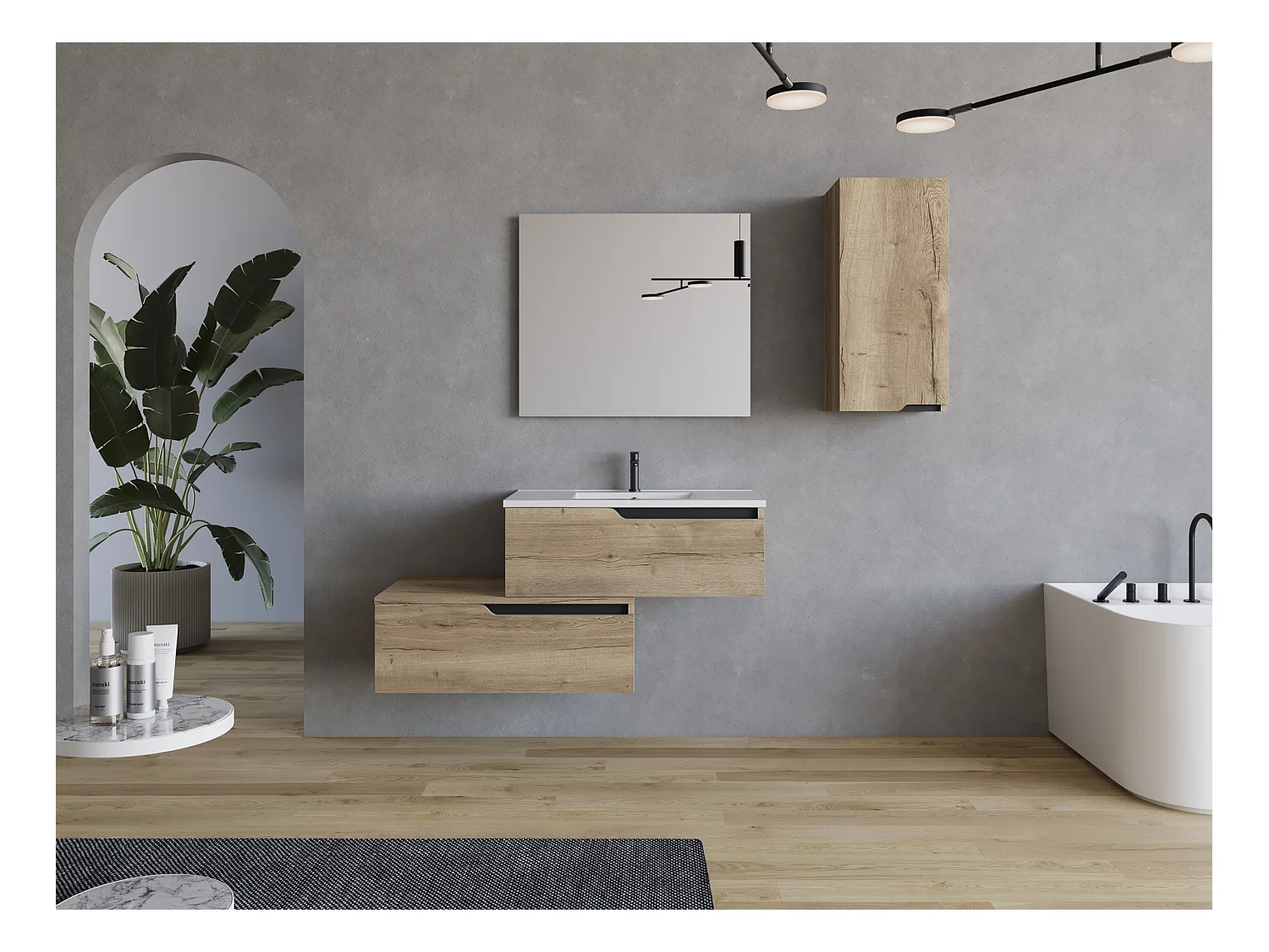 Meuble de salle de bain 120cm avec plan simple vasque - sans miroir - 2 tiroirs - madera miel (chêne clair) - CADIX