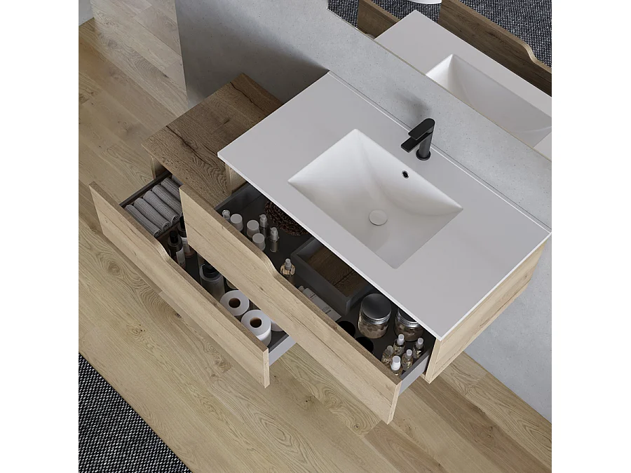 Meuble de salle de bain 120cm avec plan simple vasque - sans miroir - 2 tiroirs - madera miel (chêne clair) - CADIX