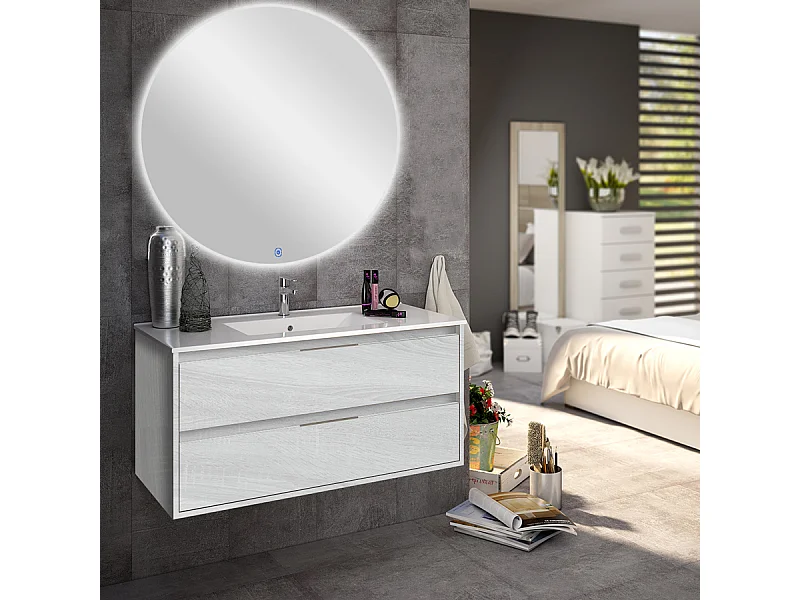 Meuble de salle de bain simple vasque - 2 tiroirs - IRIS et miroir rond Led SOLEN - hibernian (bois blanchi) - 80cm