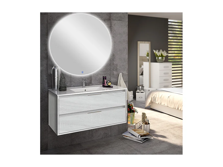 Meuble de salle de bain simple vasque - 2 tiroirs - IRIS et miroir rond Led SOLEN - hibernian (bois blanchi) - 80cm