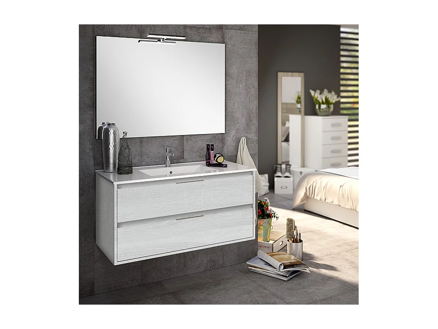 Meuble de salle de bain simple vasque - 2 tiroirs - IRIS et miroir rond Led SOLEN - hibernian (bois blanchi) - 80cm