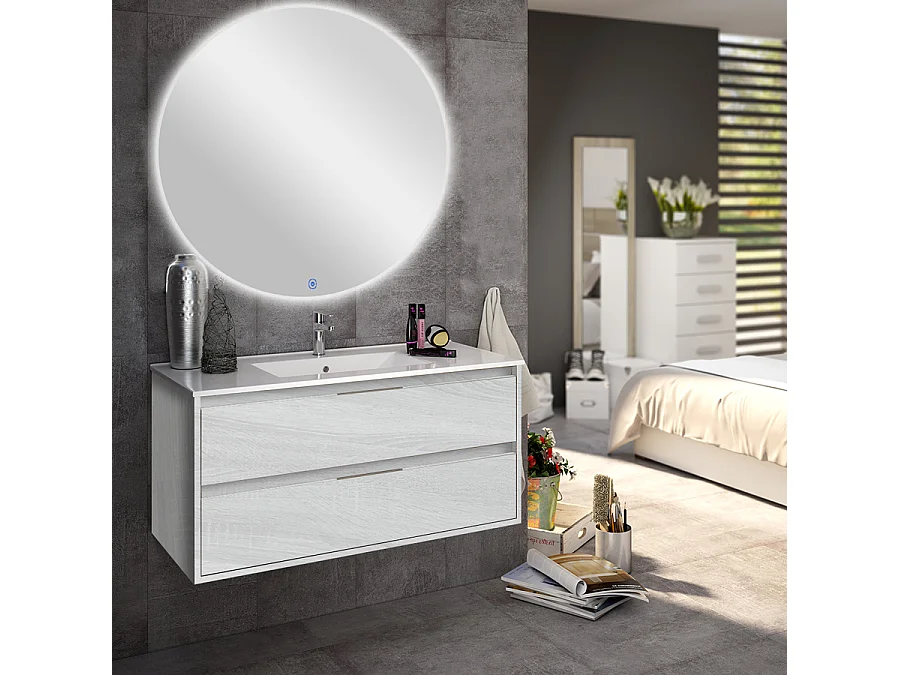 Meuble de salle de bain simple vasque - 2 tiroirs - IRIS et miroir rond Led SOLEN - hibernian (bois blanchi) - 80cm