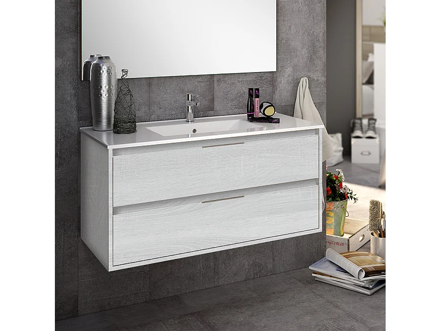 Meuble de salle de bain simple vasque - 2 tiroirs - IRIS et miroir rond Led SOLEN - hibernian (bois blanchi) - 80cm