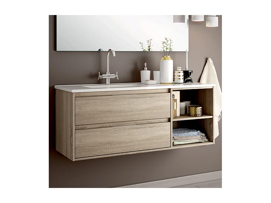 Meuble de salle de bain 120cm vasque déportée - 2 tiroirs et 2 niches - sans miroir - OLYMPE - cambrian (chêne)