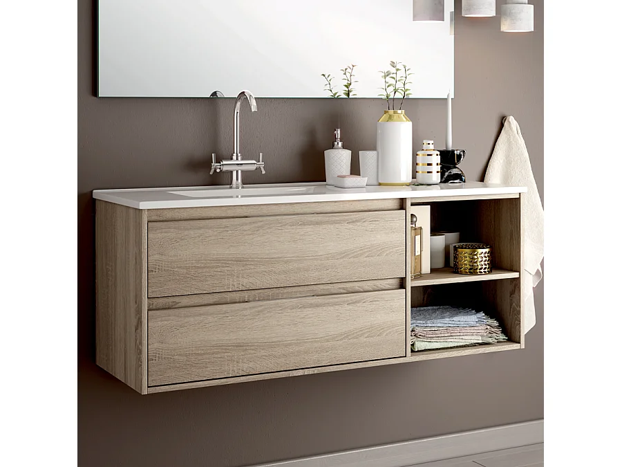 Meuble de salle de bain 120cm vasque déportée - 2 tiroirs et 2 niches - sans miroir - OLYMPE - cambrian (chêne)