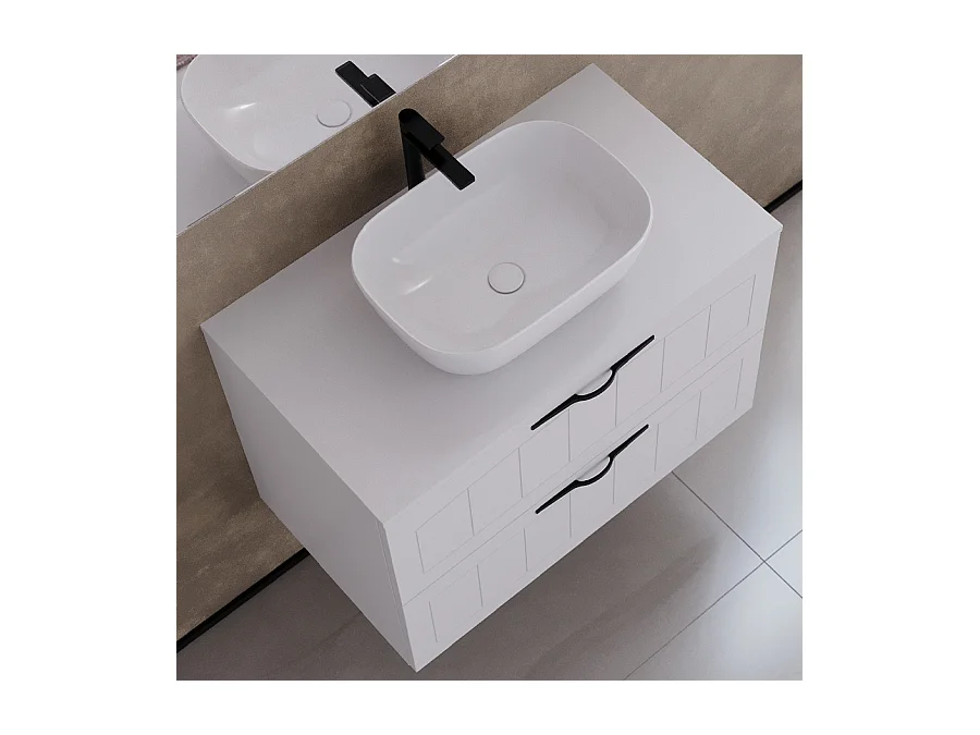 Meuble de salle de bain 80cm avec plateau et vasque à poser ovale - 2 tiroirs - sans miroir - blanc - PIA