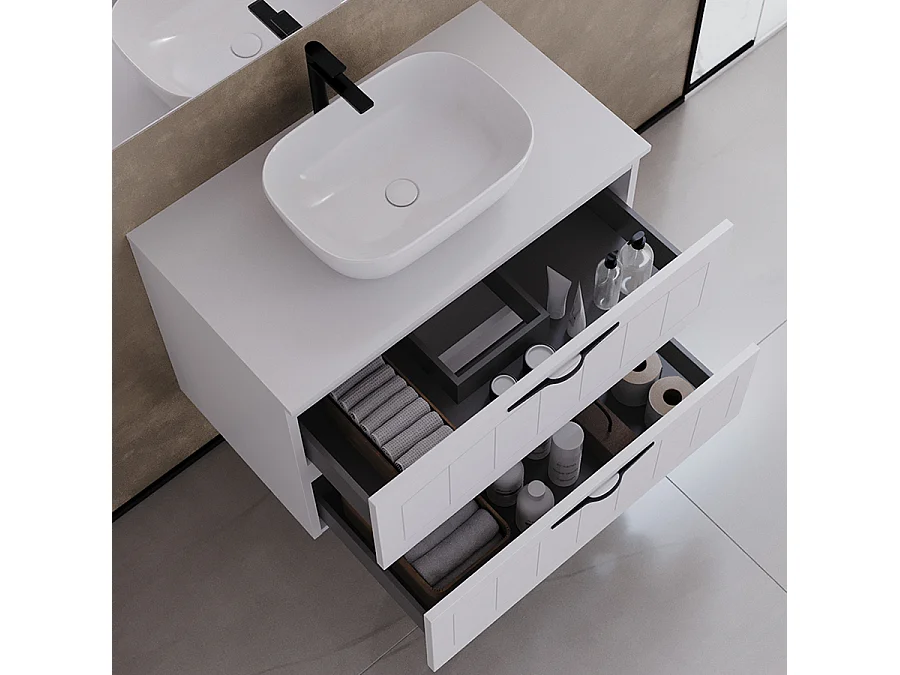 Meuble de salle de bain 80cm avec plateau et vasque à poser ovale - 2 tiroirs - sans miroir - blanc - PIA