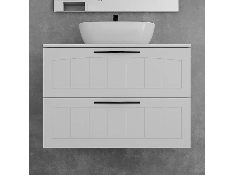 Meuble de salle de bain 80cm avec plateau et vasque à poser ovale - 2 tiroirs - sans miroir - blanc - PIA