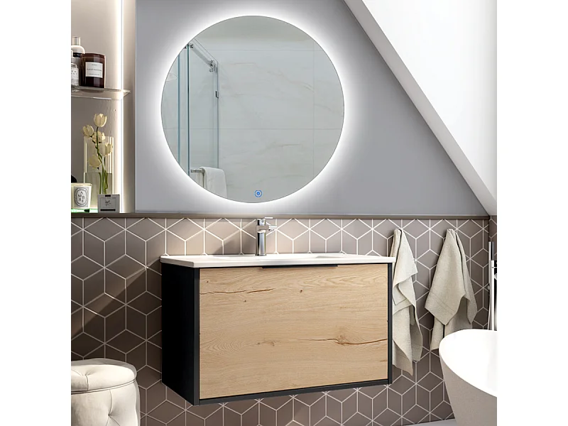Meuble de salle de bain simple vasque - 1 façade et 2 tiroirs - ALBA et miroir rond SOLEN - noir - 80cm