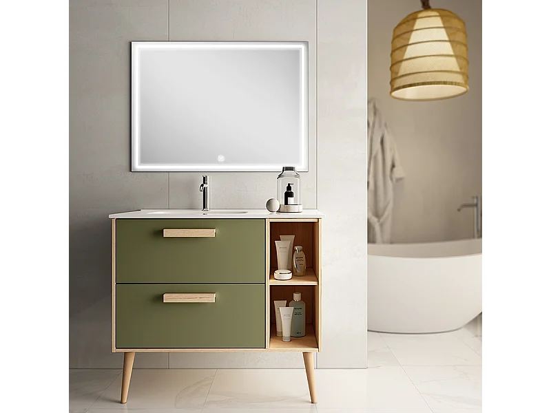 Meuble de salle de bain vasque déportée - 2 tiroirs - MALIA et miroir Led VELDI - vert olive - 80cm