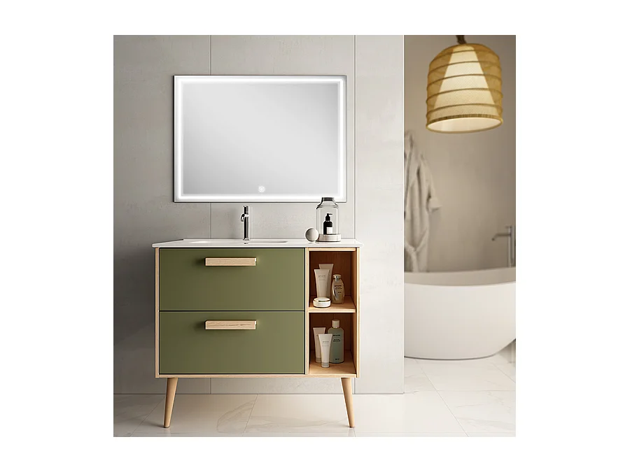 Meuble de salle de bain vasque déportée - 2 tiroirs - MALIA et miroir Led VELDI - vert olive - 80cm