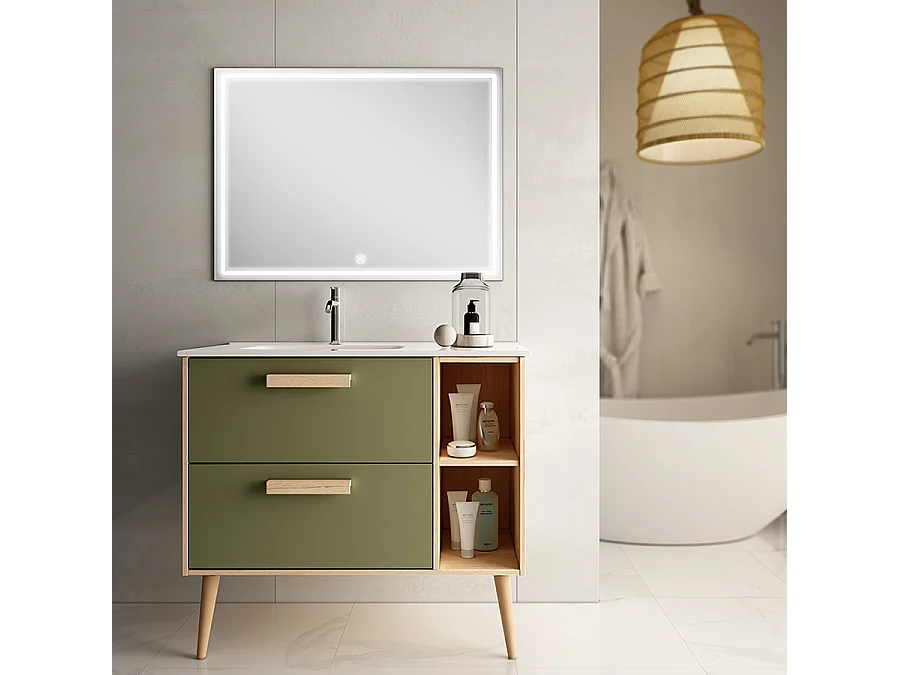 Meuble de salle de bain vasque déportée - 2 tiroirs - MALIA et miroir Led VELDI - vert olive - 80cm