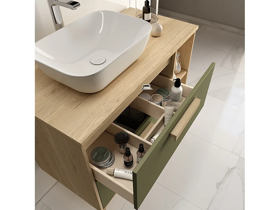 Meuble de salle de bain vasque déportée - 2 tiroirs - MALIA et miroir Led VELDI - vert olive - 80cm