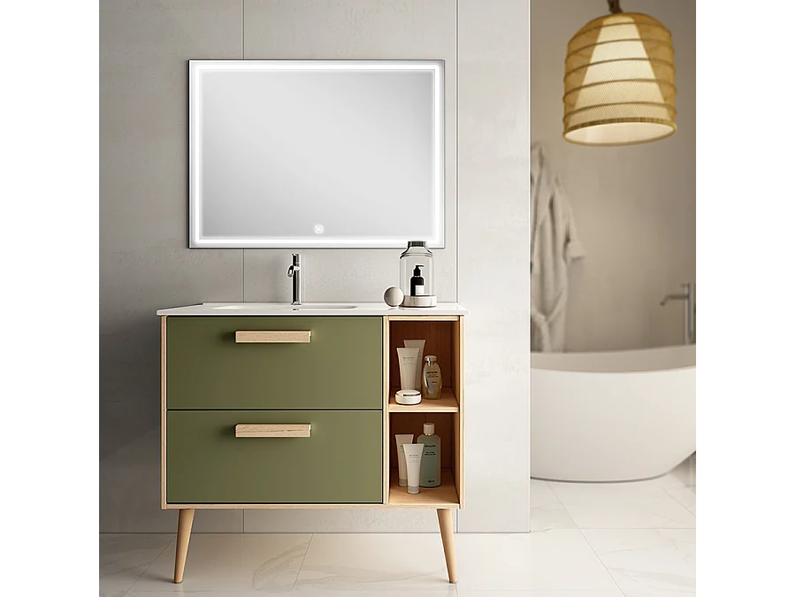 Meuble de salle de bain vasque déportée - 2 tiroirs - MALIA et miroir Led VELDI - vert olive - 80cm