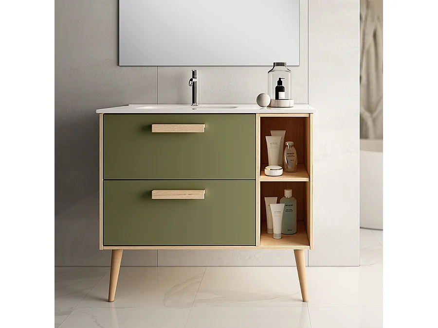 Meuble de salle de bain vasque déportée - 2 tiroirs - MALIA et miroir Led VELDI - vert olive - 80cm
