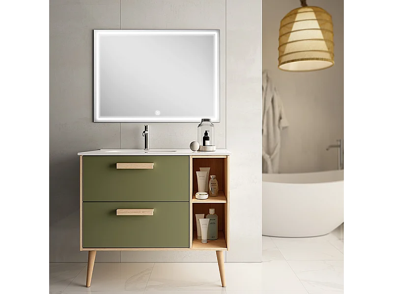 Meuble de salle de bain vasque déportée - 2 tiroirs - MALIA et miroir Led VELDI - vert olive - 80cm