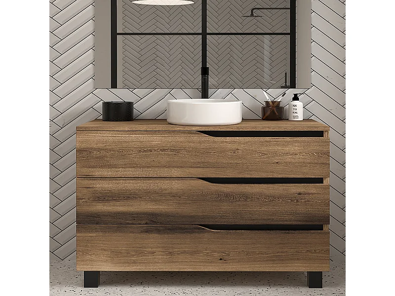 Meuble de salle de bain 120 avec plateau et vasque à poser - sans miroir - 3 tiroirs - tabaco (bois foncé) - MATA