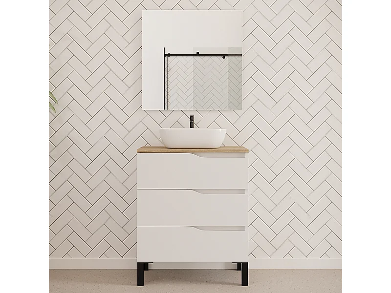 Meuble de salle de bain 70cm avec plateau miel et vasque à poser zeus - 3 tiroirs - blanc - MATA