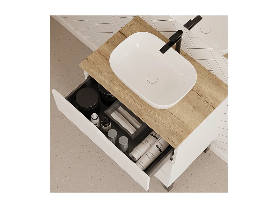 Meuble de salle de bain 70cm avec plateau miel et vasque à poser zeus - 3 tiroirs - blanc - MATA
