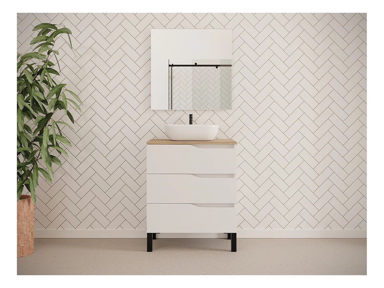 Meuble de salle de bain 70cm avec plateau miel et vasque à poser zeus - 3 tiroirs - blanc - MATA