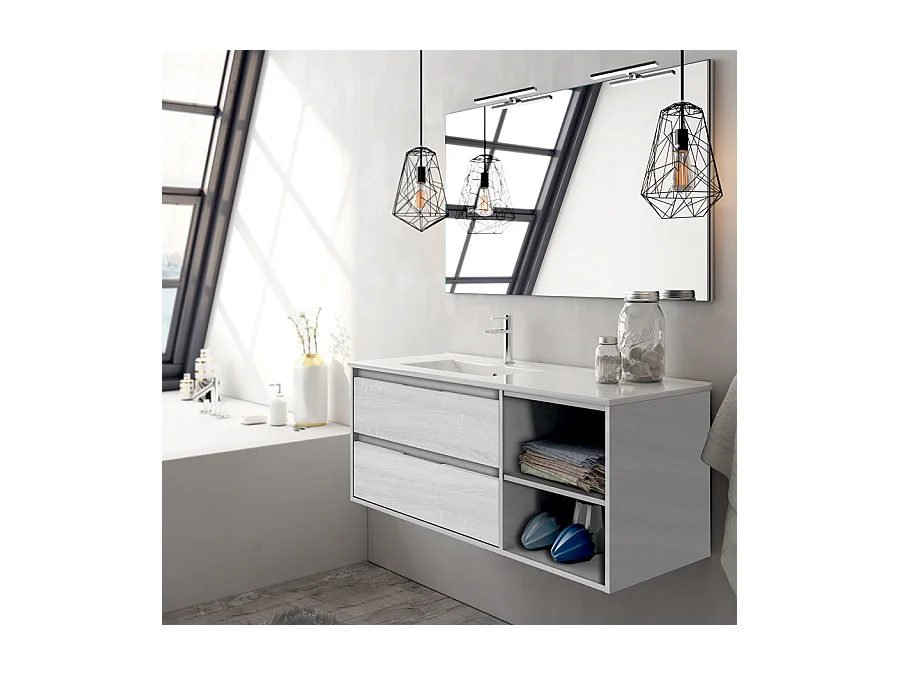 Meuble de salle de bain 120cm vasque déportée - 2 tiroirs et 2 niches - OLYMPE - hibernian (bois blanchi)