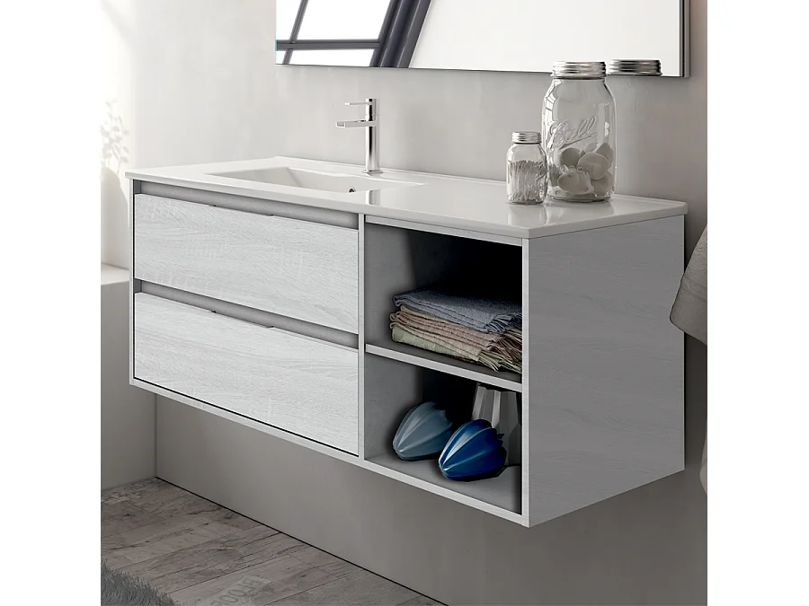 Meuble de salle de bain 120cm vasque déportée - 2 tiroirs et 2 niches - OLYMPE - hibernian (bois blanchi)