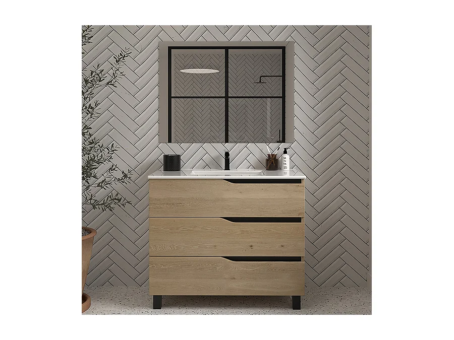 Meuble de salle de bain 80cm simple vasque - 3 tiroirs - madera miel (bois clair) - MATA