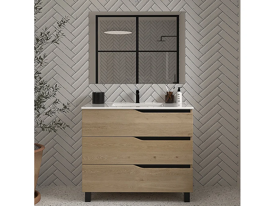 Meuble de salle de bain 80cm simple vasque - 3 tiroirs - madera miel (bois clair) - MATA