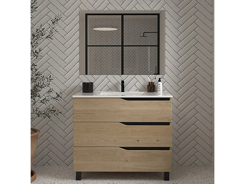 Meuble de salle de bain 80cm simple vasque - 3 tiroirs - madera miel (bois clair) - MATA