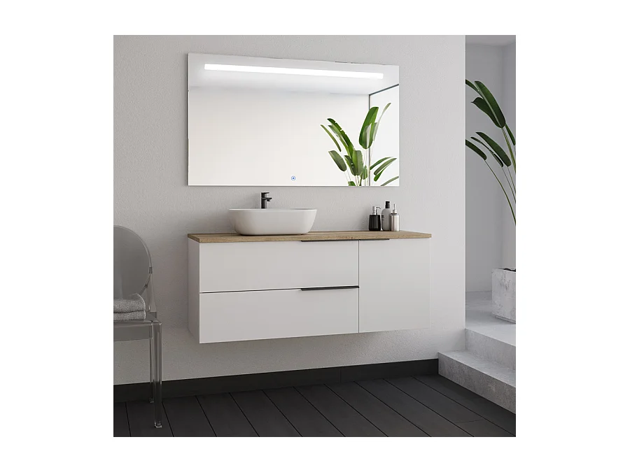 Meuble de salle de bain 120cm avec vasque à poser arrondie - blanc - KING et miroir Led STAM