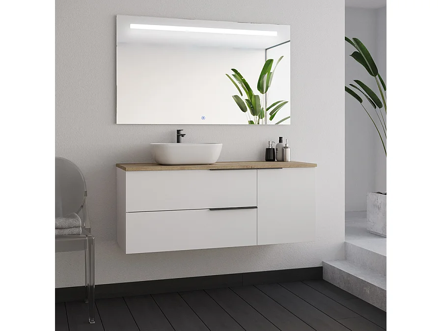 Meuble de salle de bain 120cm avec vasque à poser arrondie - blanc - KING et miroir Led STAM